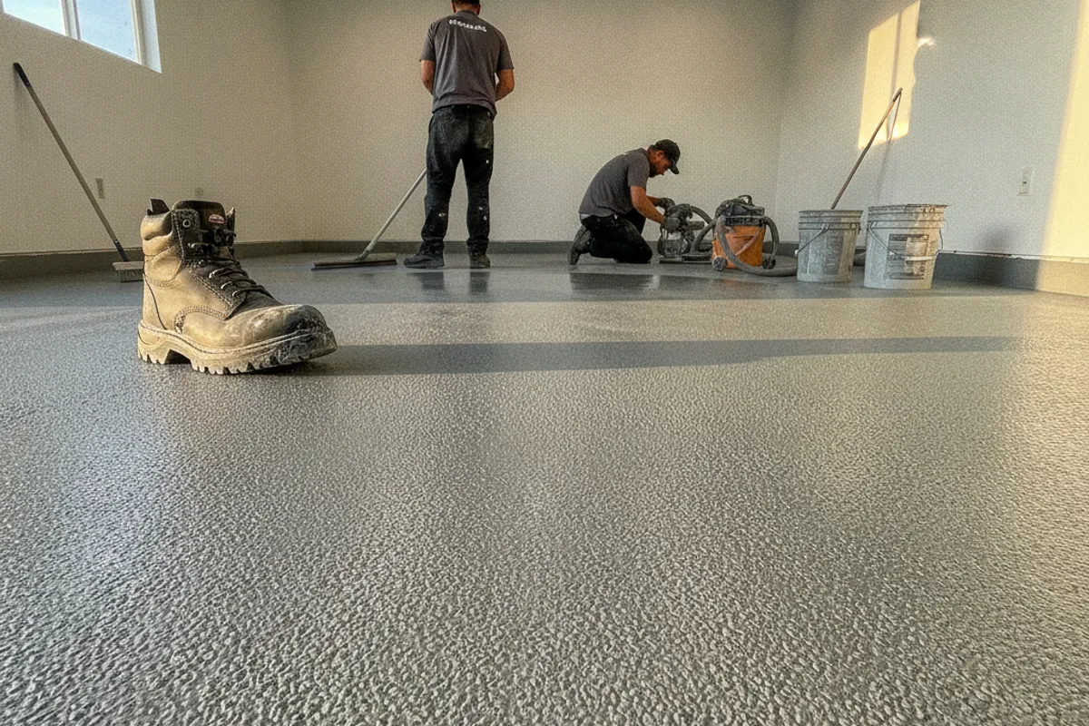 Close up of a textured anti-slip epoxy garage floor with decorative flake in San Diego