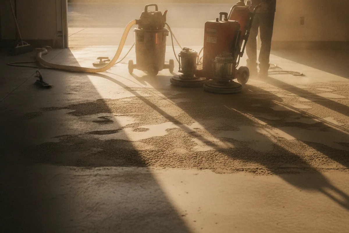 Contractor grinding a concrete garage floor before epoxy coating in San Diego