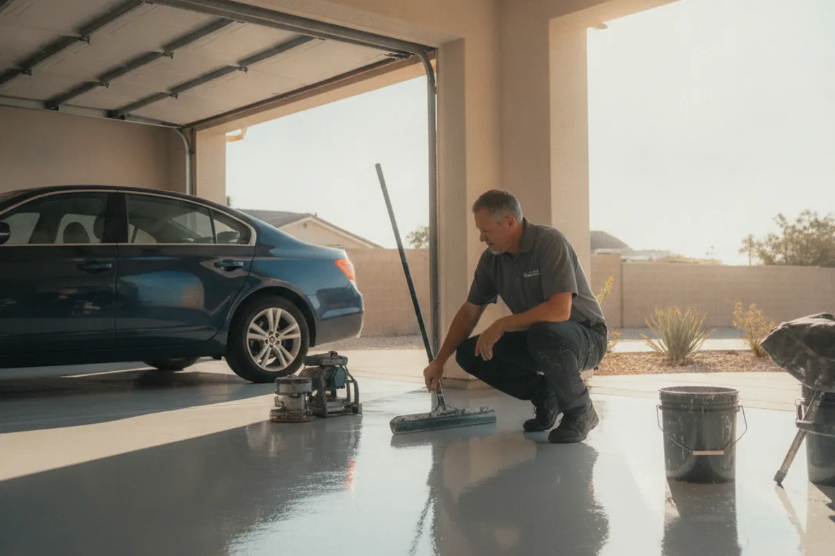 Sunlit San Diego garage with epoxy coated floor showing heat and light exposure