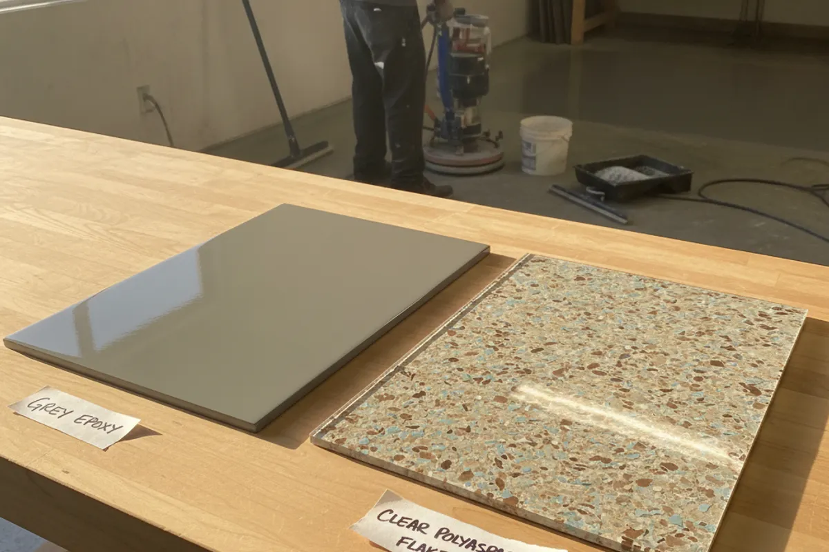 Side by side comparison of a garage floor with epoxy coating and a garage floor with polyaspartic coating finish