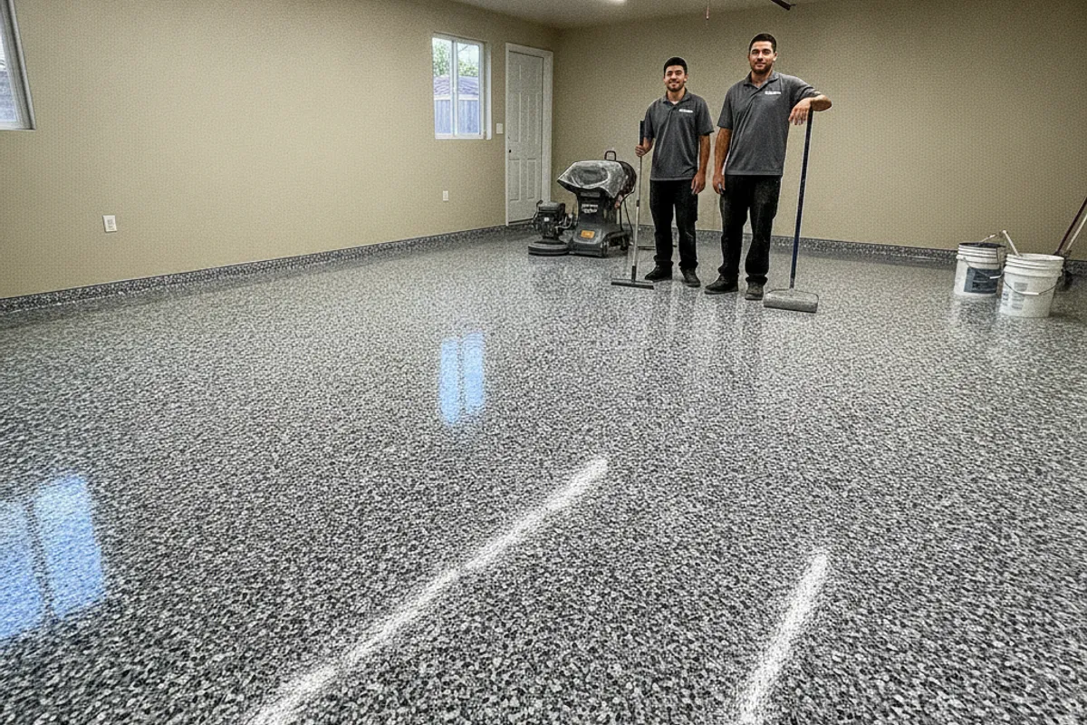 Close up of a multicolor vinyl flake chip epoxy garage floor with a high gloss clear topcoat