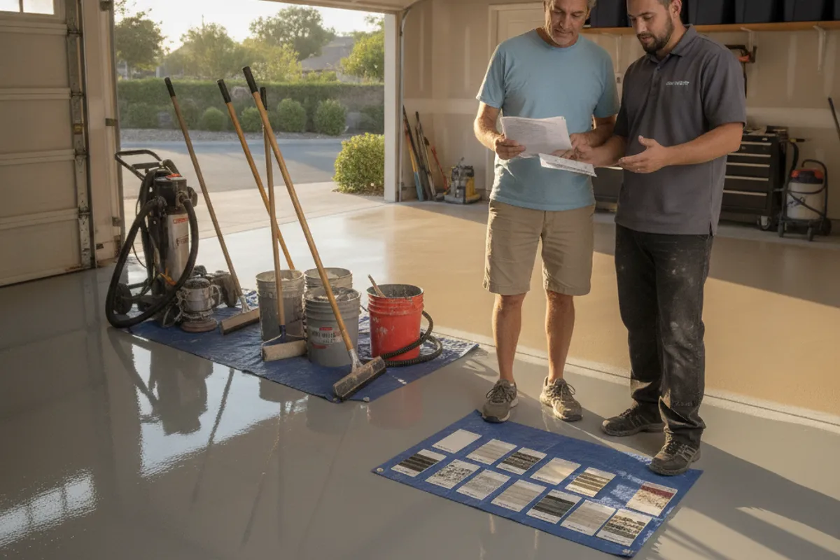 Epoxy floor contractor preparing a garage floor in a San Diego home before coating