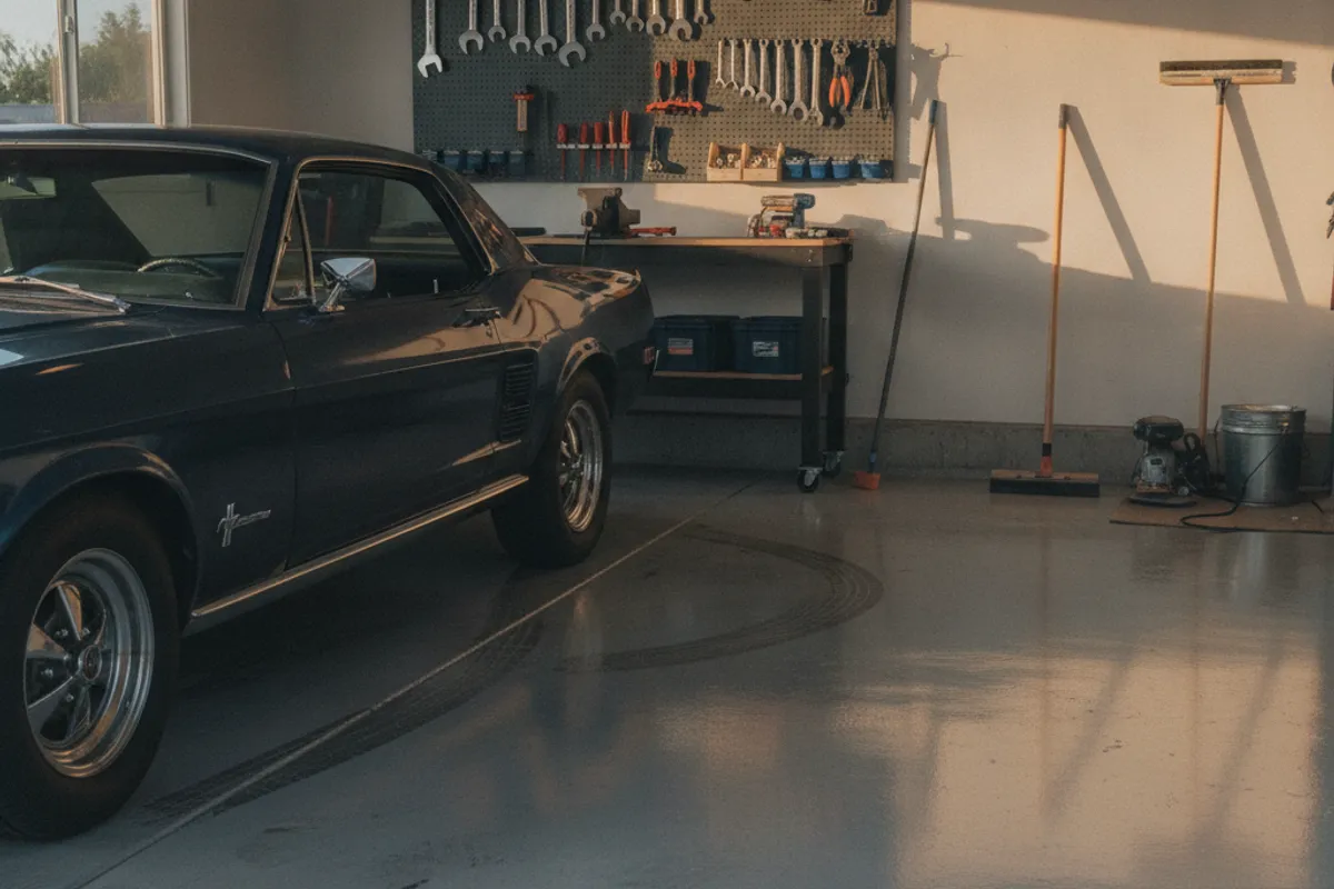 Well-maintained epoxy garage floor in a San Diego home showing years of use