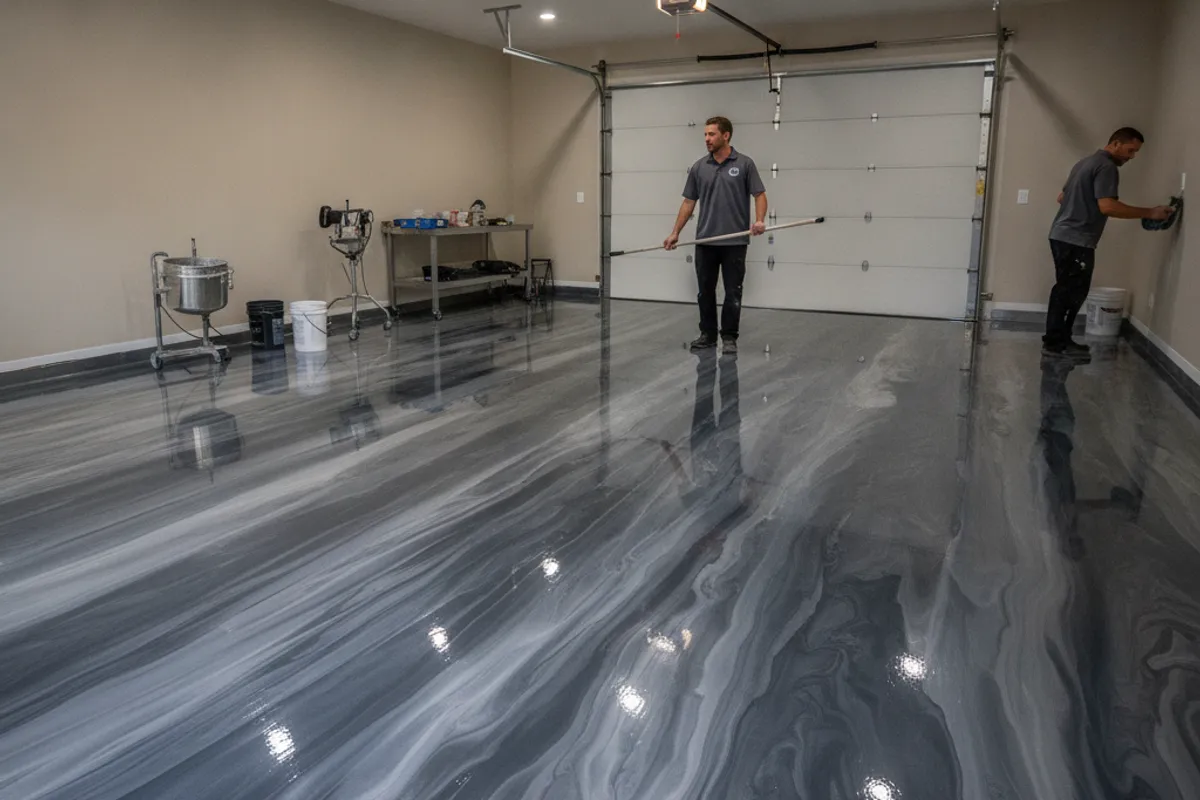 Metallic epoxy garage floor with swirling silver and charcoal tones reflecting light in a San Diego home
