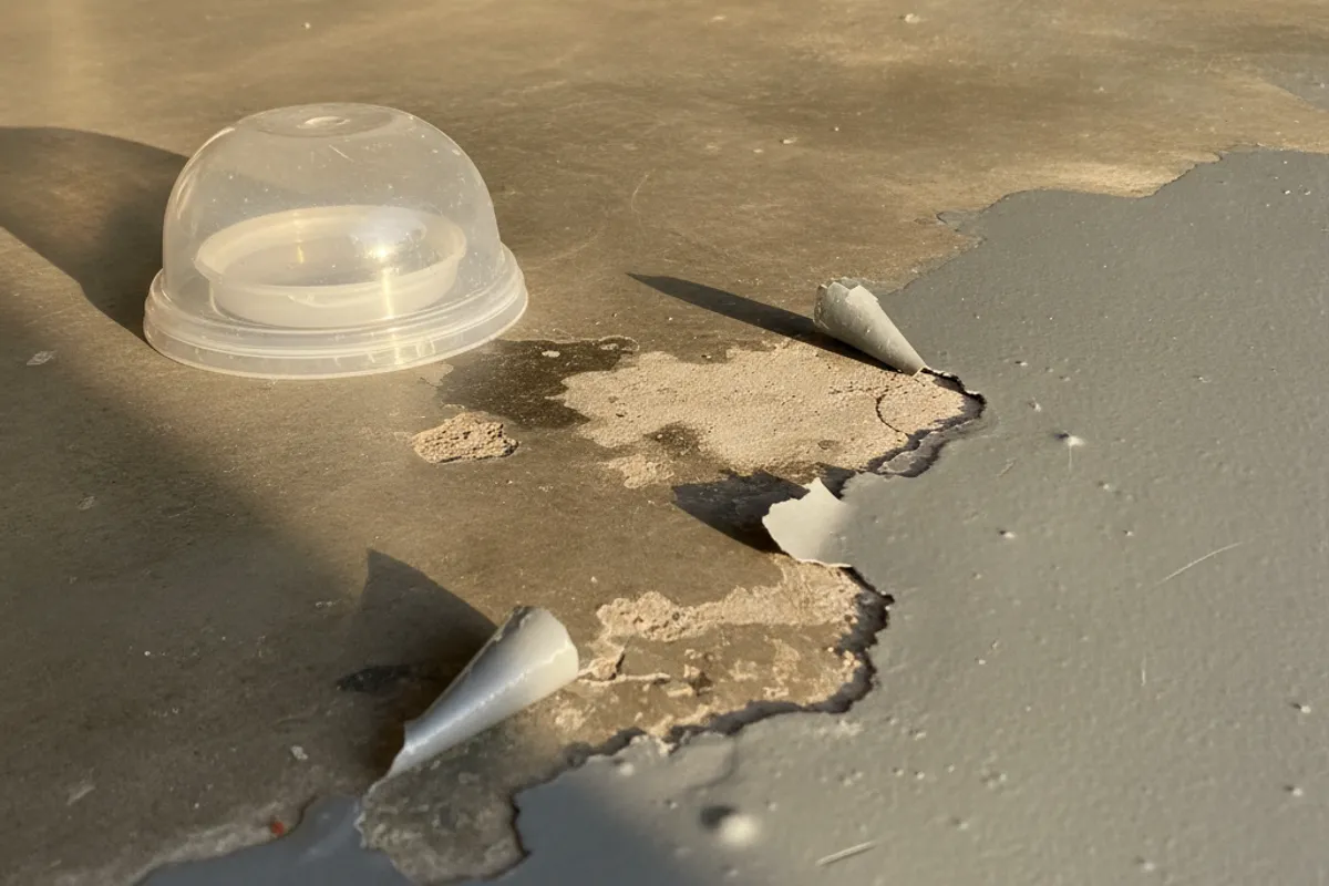 Peeling epoxy floor coating in a San Diego garage showing moisture delamination underneath