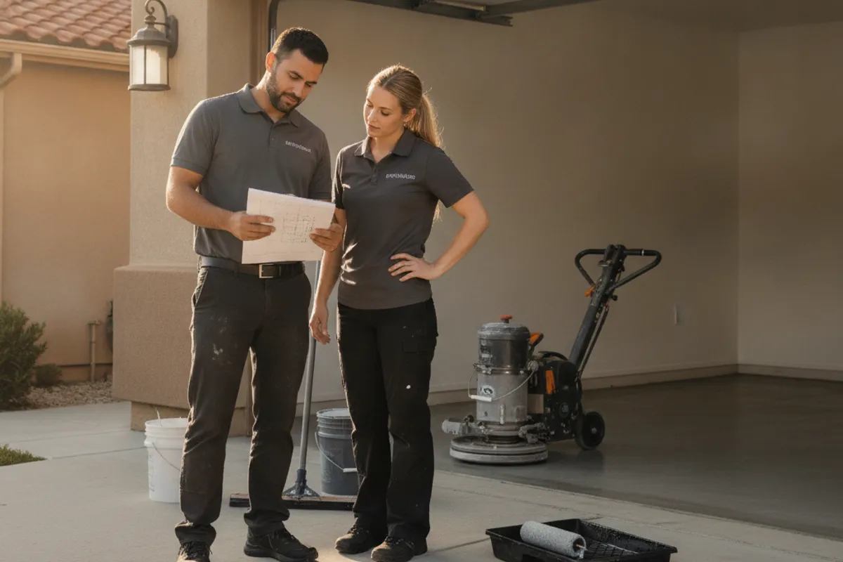 Homeowner and a local epoxy coating crew reviewing floor system samples and a slab assessment for a San Diego County garage floor project.