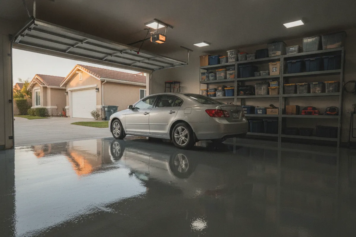 Insured local epoxy coating crew applying a flake chip epoxy floor system in a San Diego County residential garage.