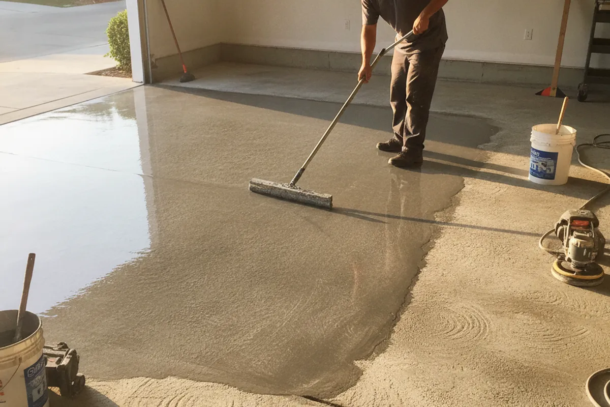 Completed epoxy flake floor system in a San Diego County two-car garage with a high-gloss seal coat and decorative gray flake blend.