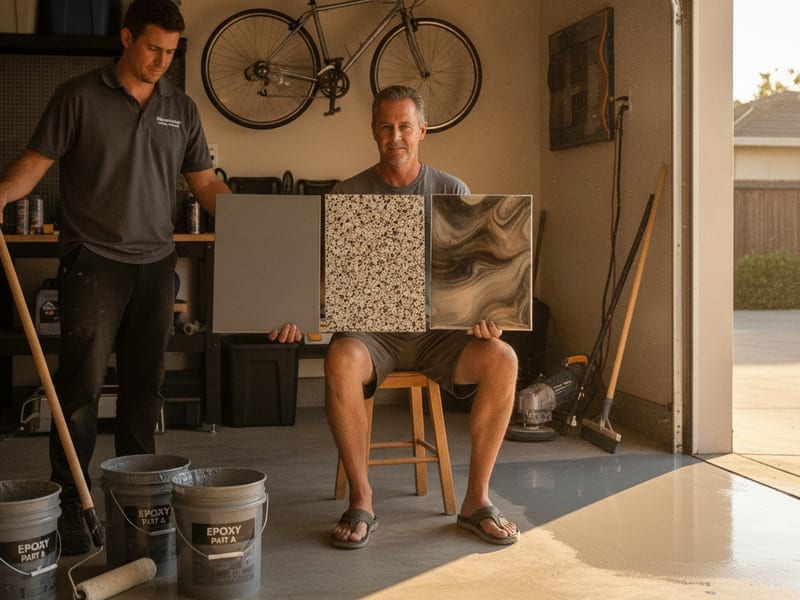 Epoxy coating sample boards showing different system types and flake blends for a San Diego garage floor