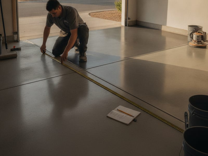 Homeowner measuring a garage floor with a tape measure before requesting epoxy coating estimates in San Diego