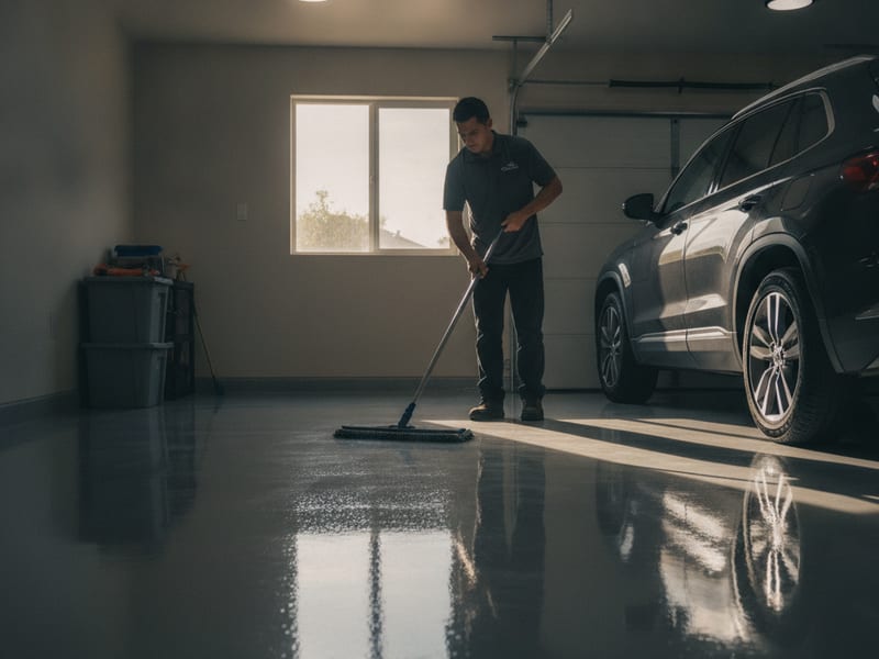 Clean epoxy garage floor in a San Diego home with vehicles parked, showing how to maintain the surface