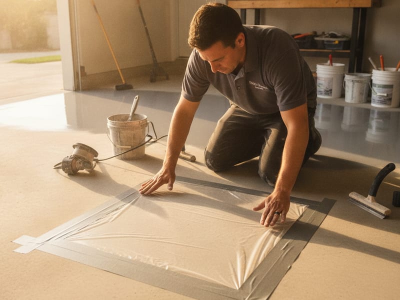 Plastic sheet taped to a concrete garage floor for a moisture vapor transmission test in San Diego