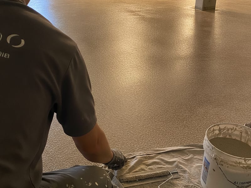 Anti-slip aggregate broadcast into a polyaspartic floor topcoat on a San Diego garage ramp and floor area
