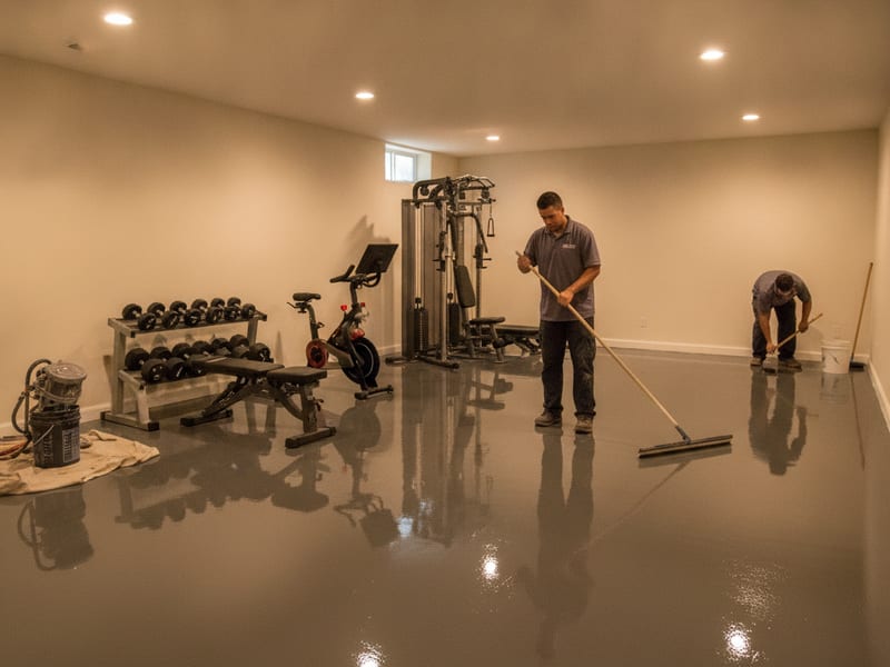 Moisture-tolerant epoxy floor coating applied to a below-grade basement slab in a San Diego home