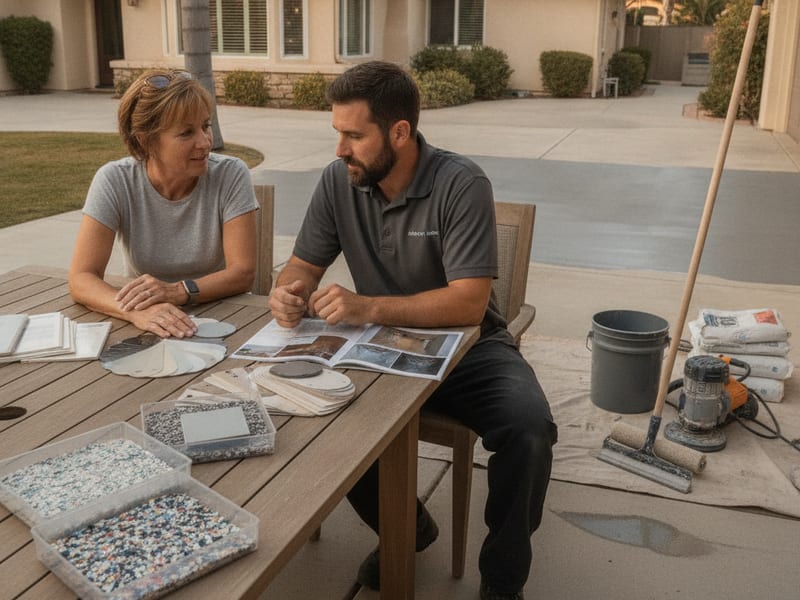 Homeowner reviewing epoxy floor color sample boards with a coating crew in a San Diego garage