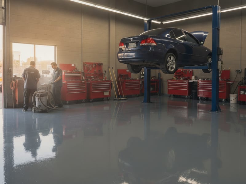 Commercial epoxy floor coating application in a San Diego County warehouse with forklift traffic markings