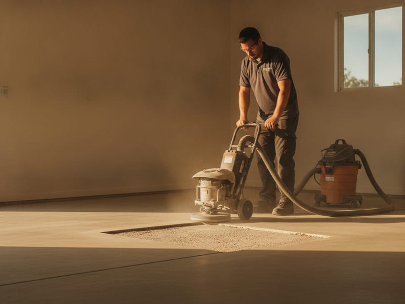 Diamond floor grinder opening concrete pores in a San Diego garage before epoxy coating application