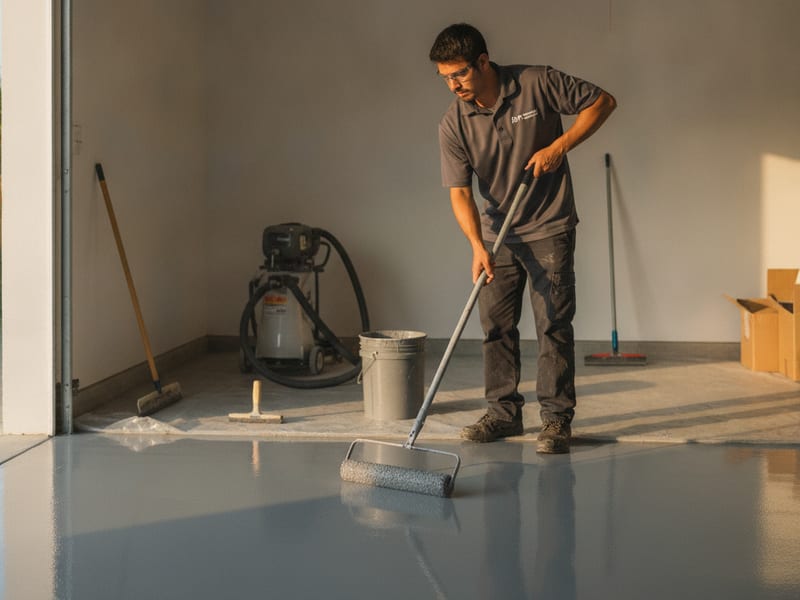 Insured epoxy coating crew applying a two-part epoxy floor system in a San Diego County residential garage