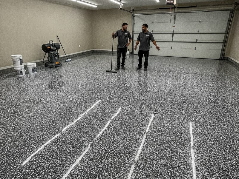 Completed flake and chip epoxy floor system in a San Diego two-car garage with gray flake blend and clear topcoat