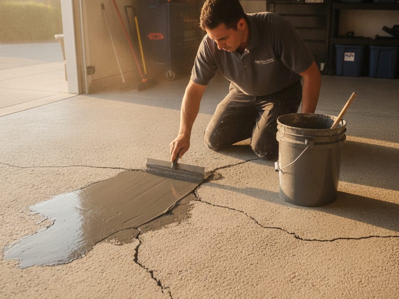 Epoxy mortar repair of a cracked and spalled garage floor slab in San Diego County before coating