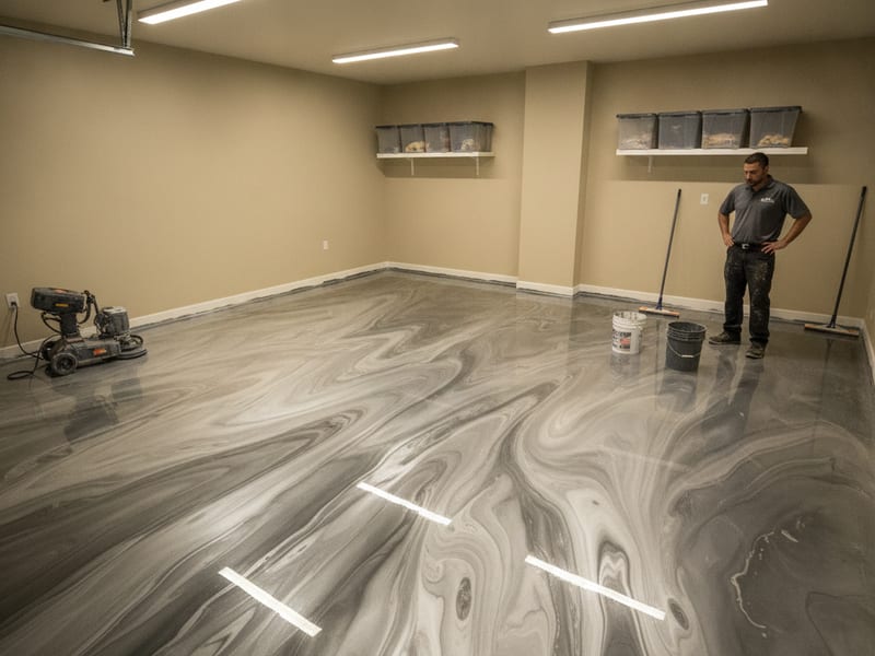 Metallic epoxy floor with silver and charcoal swirl pattern in a San Diego luxury garage