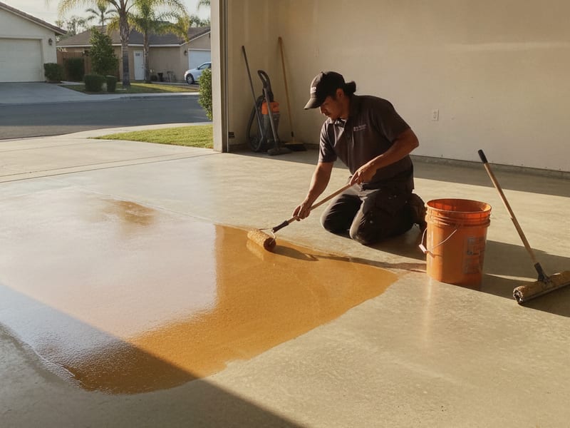 Moisture barrier primer being applied to a concrete garage slab in San Diego County before epoxy coating