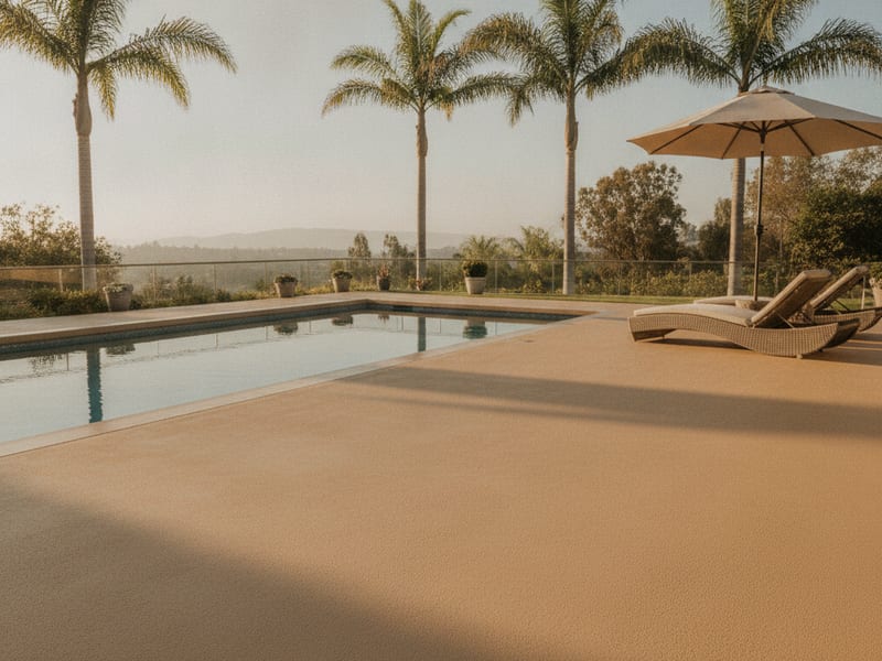Polyaspartic pool-deck coating applied around a San Diego backyard pool with slip-rated finish and gray flake blend